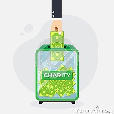 Hand Puts Dollar Donation Box Charity Vector Illustration