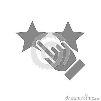 Hand puts two stars rating grey icon. Customer satisfaction symbol. Vector Illustration