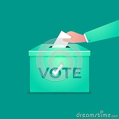 Hand puts vote bulletin into vote box. Election concept. Vector Illustration