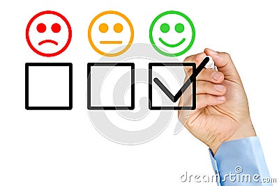 Hand putting check customer service evaluation form Stock Photo