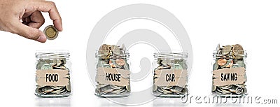 Hand putting coin in glass jar. Allocate money for foods, house, car and savings. Save money concept Stock Photo