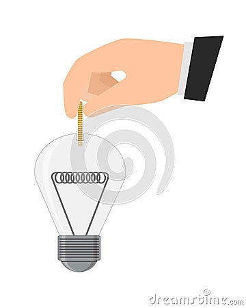 Hand putting coin, money in electric lamp. Savings on electricity charges. The concept of energy saving. The style is Vector Illustration