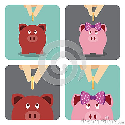 Hand putting a coin into piggy bank Vector Illustration