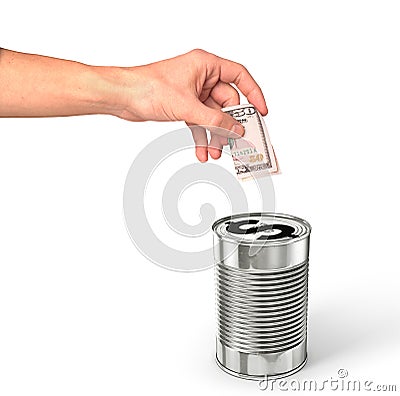 Hand putting dollar money in the dollar can Stock Photo