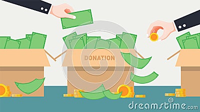 Hand putting money bill in to the box flat style Vector Illustration