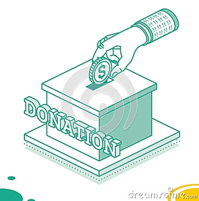 Hand Putting Money in Donation Box. Isometric Charity Concept with Dollar Coin Stock Photo