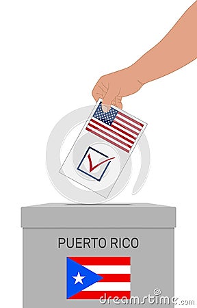 Hand putting paper in the ballot box. Vote in November to decide whether Puerto Rico should become a U.S. state Vector Illustration