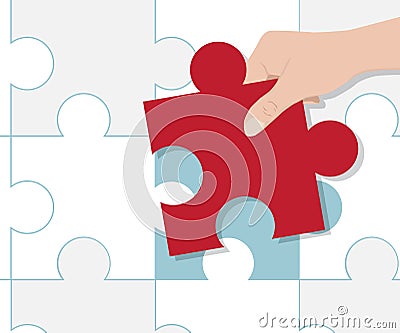 Hand Putting Red Pieces of Puzzle Vector Illustration