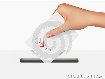 Hand putting a voting ballot in a slot of box. Vector Illustration