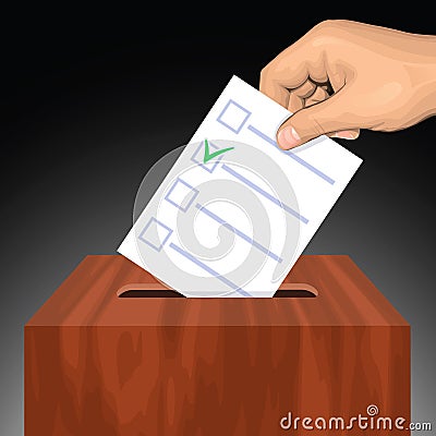 Hand putting voting paper with approved checkmark in the ballot box Vector Illustration