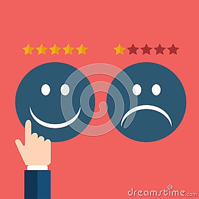 Hand rating on customer service. Two smileys, happy and sad one. Flat vector illustration Vector Illustration