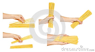 Hand with raw golden spaghetti, set and collection Stock Photo