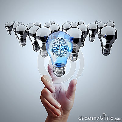 Hand reach 3d metal brain inside light bulb Stock Photo