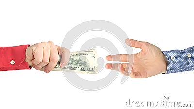 hand reaches for the hand with the money. Payment for work. Business and pay. Business relations. Wealth and poverty Stock Photo