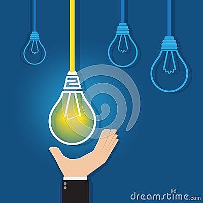 Hand reaching for a glowing unique light bulb Vector Illustration