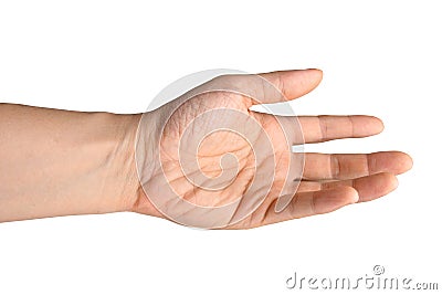 Hand reaching out against white background. Stock Photo