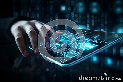 Hand reaching out to touch an interactive data screen, symbolizing the seamless connection between humans and technology. Ai Stock Photo