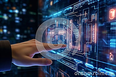 Hand reaching out to touch an interactive data screen, symbolizing the seamless connection between humans and technology. Ai Stock Photo