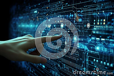 Hand reaching out to touch an interactive data screen, symbolizing the seamless connection between humans and technology. Ai Stock Photo