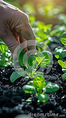 Hand Reaching for Plant in Garden Stock Photo