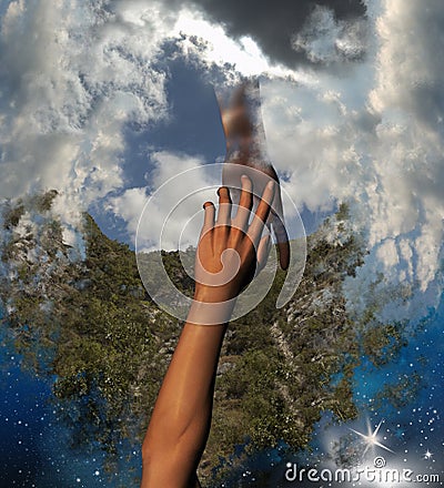 Hand Reaching for Safety Help in Clouds Stock Photo