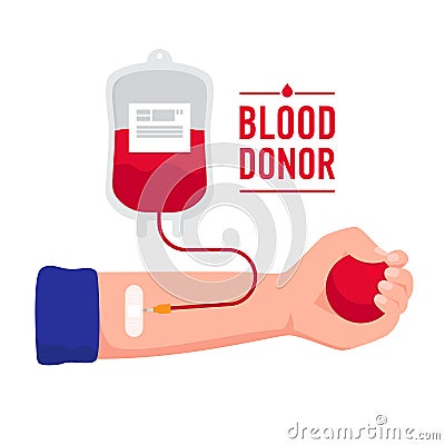 The hand of recipient receiving the Blood transfusion isolated on white background. World Blood Donor Day vector concept Vector Illustration