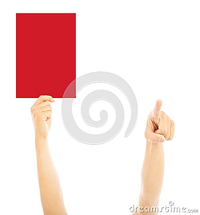 Hand of referee with big red card and point the direction Stock Photo
