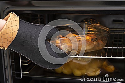 Hand in a refractory glove takes dinner Stock Photo