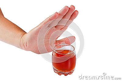 Hand rejects alcohol. Stop drinking Stock Photo