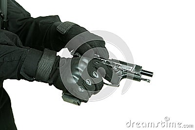 hand reloads shabby gun Stock Photo