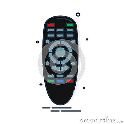 Hand remote control. Multimedia panel with shift buttons. Program device. Wireless console. Universal electronic controller. Color Vector Illustration