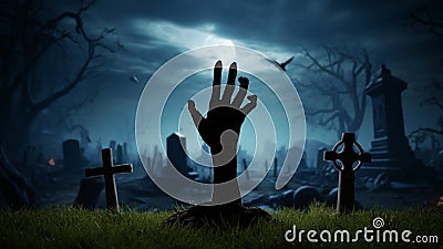 Hand of risen dead from grave in cemetery, Halloween grave crosses, zombies at night. 3d render Stock Photo