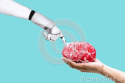 Hand robot brain concept ai in command memory on human hand Stock Photo