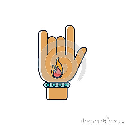 Hand rock with fire tattoo melody sound music line and fill style Vector Illustration