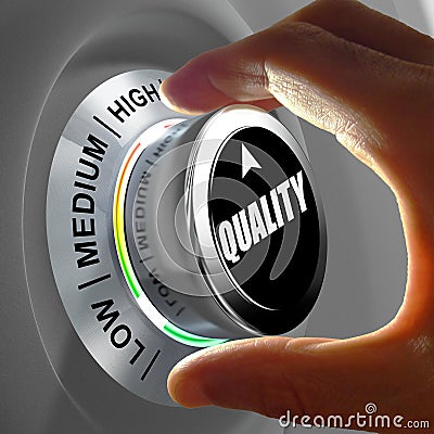 Hand rotating a button and selecting the level of quality. Cartoon Illustration