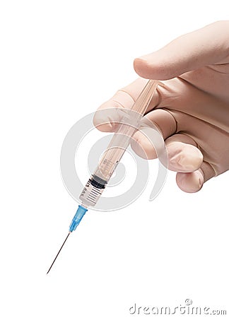 hand in rubber glove and disposable syringe with 0.5 ml vaccine isolated. Treatment and vaccination concept Stock Photo