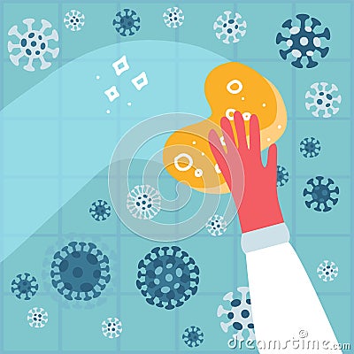 Hand in a rubber glove with a sponge washes a wall with coronavirus to Protect Family from Virus, Germs, or Bacteria. Cartoon Illustration