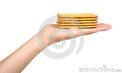Hand with salty cracker, crispy appetizer, rectangle shape cookie. Isolated Stock Photo