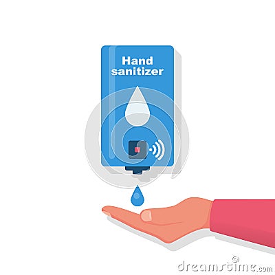 Hand sanitizer wall. People use automatic alcohol antiseptic gel. Vector Illustration