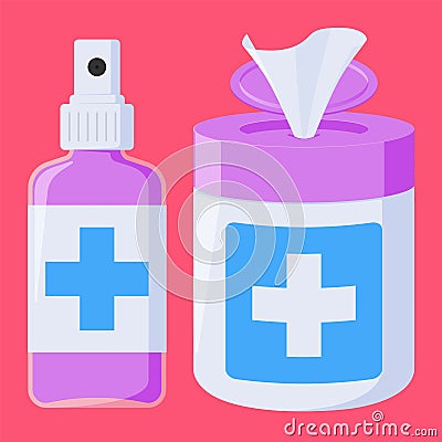 Hand sanitizer, wet wipes. Antiseptic. Clean Hands Vector Illustration