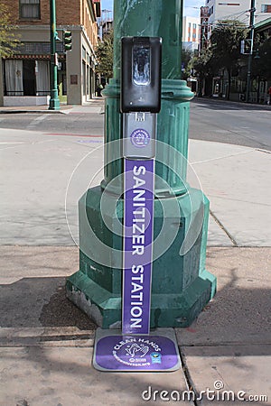 Hand sanitizing station on city street, Tucson, Arizona. Editorial Stock Photo