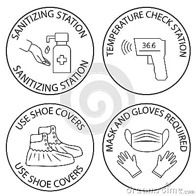 Hand sanitizing and temperature check station. Shoe covers. Mask, gloves and temperature scanning are required. Protective medical Stock Photo