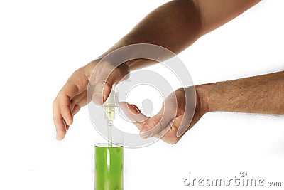 Hand Sanitizing on white background Stock Photo