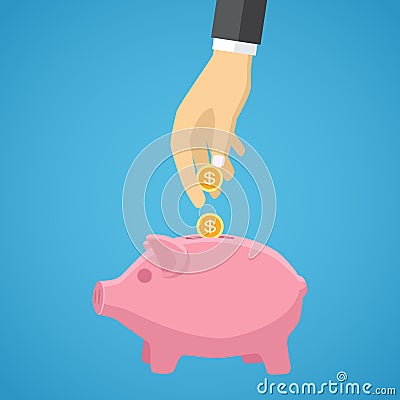 Hand saving money in piggy bank Vector Illustration