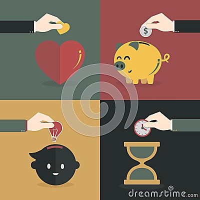 Hand saving money, time, heart and idea Vector Illustration