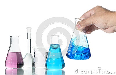 Hand scientist shaking Erlenmeyer flask with blue liquid isolated on white Stock Photo