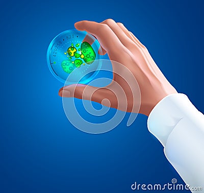 Hand of a scientist in white coat holding Petri dish with colony of bacteria or fungi. Biotechnology or Microbiology concept. Vector Illustration