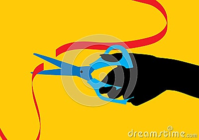 Hand with a scissor cutting a red ribbon Vector Illustration