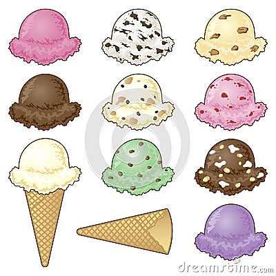 Hand Scooped Ice Cream Flavors with Cone Vector Illustration