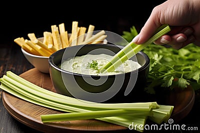 hand scooping cheese dip with a celery stick from a bowl Stock Photo